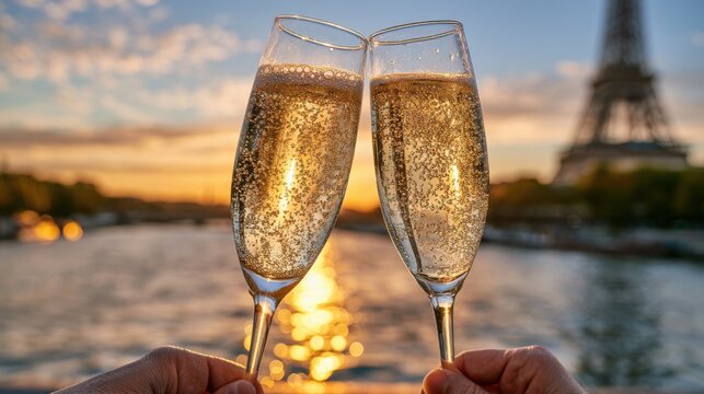 Romantic Paris celebration with two champagne glasses toasting against Eiffel Tower and Seine River during golden sunset hour