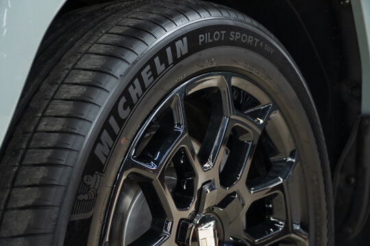 Michelin Pilot Sport 4 SUV Tires wheel close up on a SUV car Tank 700 Е1 Edition One. Michelin Pilot Sport 4 SUV summer model tire logo on on a black cast disc. Michelin is a French tire manufacturer.