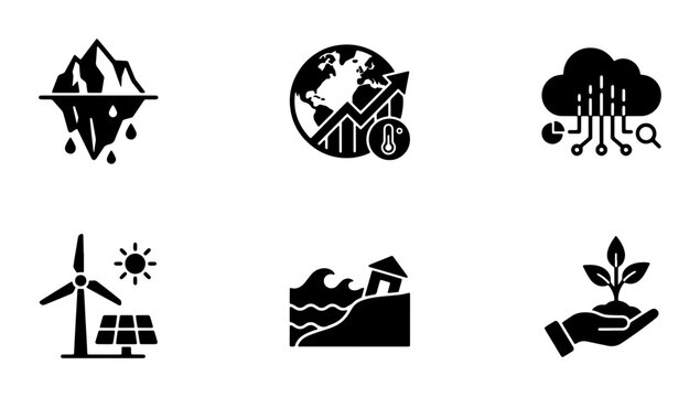 Climate Change Icons Set, Global Warming Vector Graphics, Renewable Energy & Environmental Protection Symbols, Eco Future Concepts