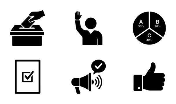 Election and Voting Icons Set: Ballot Box, Candidate Vote, Pie Chart, Checklist, Megaphone, Thumbs Up, Political Symbols, Civic Engagement Vector Graphics