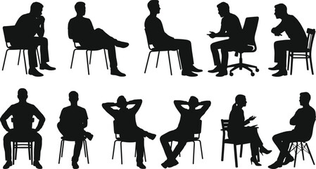 Silhouettes of seated individuals in various postures and interactions symbolizing communication, workplace, ergonomics, and social body language concepts © Muntaseer