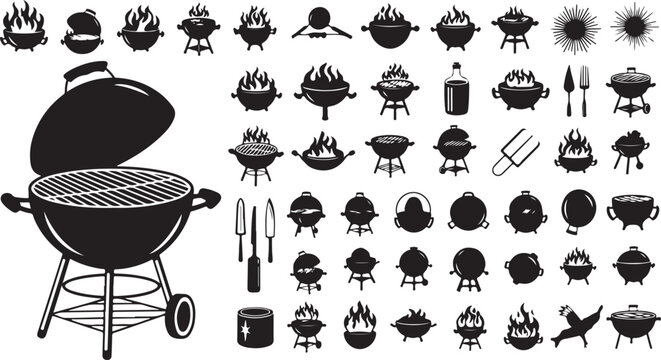 Barbecue grill and cooking utensils vector icons