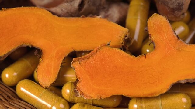 Turmeric powder capsules with turmeric roots in a basket
