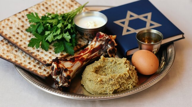 Passover Seder plate with symbolic foods like matzah, egg, shank bone, parsley, horseradish, charoset. Includes prayer book and kiddush cup for Jewish holiday observance.