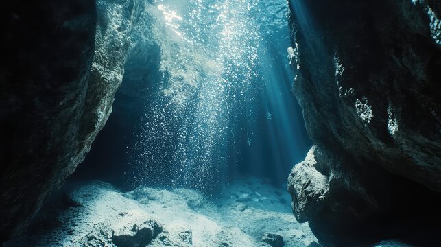 Underwater cave environment with sun rays penetrating through the water surface, illuminating the rocky seabed and creating a peaceful ambiance as air bubbles ascend through the deep blue abyss