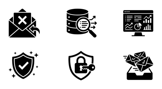Cybersecurity and Data Protection Icons: Secure Email, Database Analysis, Digital Security, Network Monitoring, Data Privacy, Access Control