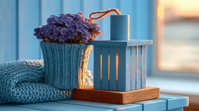 Blue rustic wooden lantern and knitted throw on a seaside porch with relaxation, interior