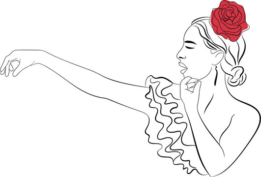 Minimalist line art of a passionate Spanish flamenco dancer gracefully moving to the rhythm of world music