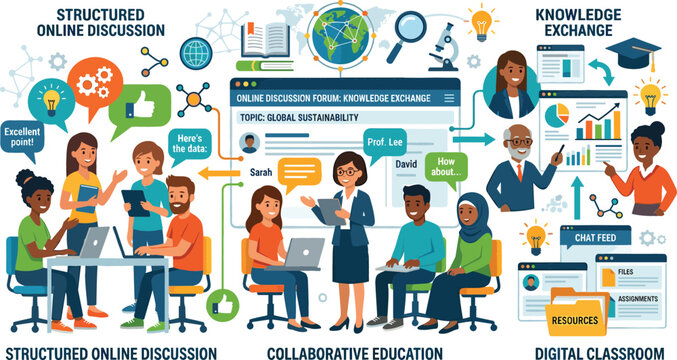Structured online discussion infographic vector showing collaborative education and knowledge exchange about global sustainability in a digital classroom with diverse students.