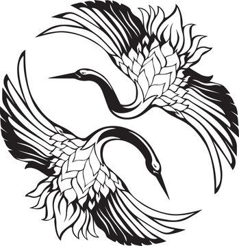 Black and white cranes, flying birds, tattoo designs, vector illustrations, animal icons