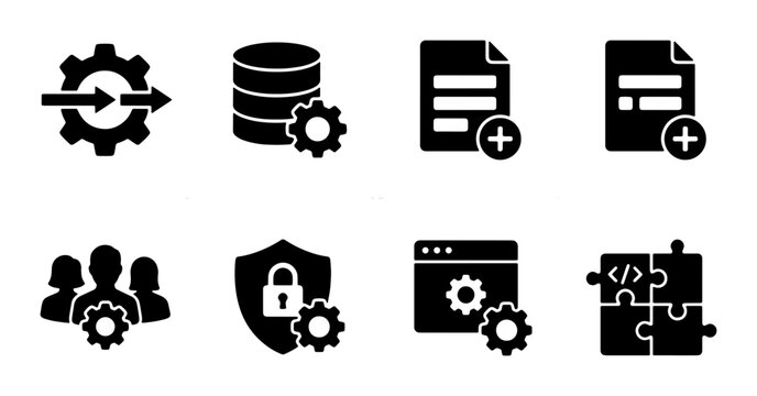 Technology Icons Set: Gear, Database, Document, Team, Security, Browser, Code, Puzzle, Vector Graphics for Software Development and Data Management