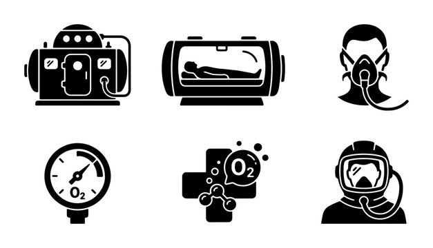 Medical Oxygen Therapy Icons: Hyperbaric Chamber, Patient Pod, Respirator Mask, Gauge, O2 Molecules, Diving Suit Vector Set