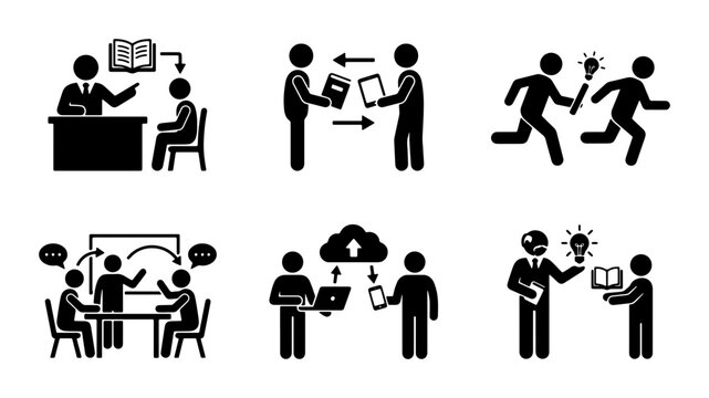 Business Education Icons Set: Teaching, Collaboration, Innovation, Data Transfer, Knowledge Sharing, Teamwork, Learning Concepts