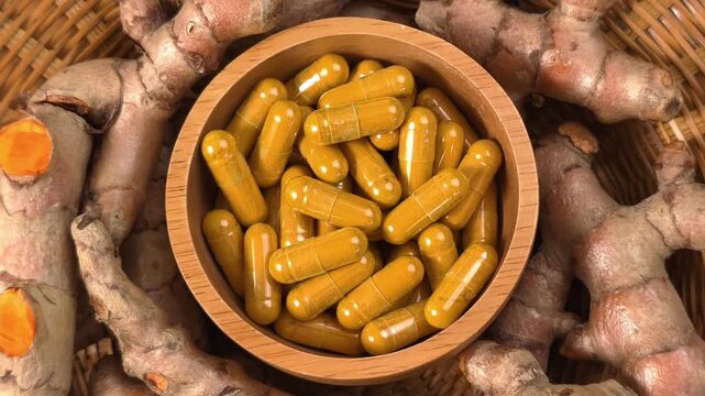 Turmeric powder capsules with turmeric roots in a basket