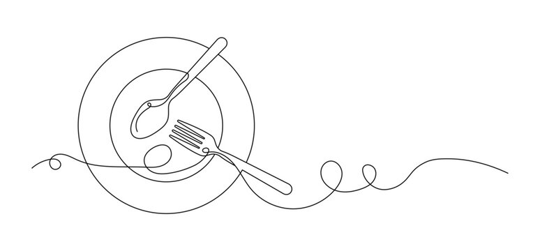 Cutlery continuous line vector art. Continuous line drawing of a plate with a spoon and fork. Minimalist food and dining table setting vector illustration. One line art of cutlery set for restaurant
