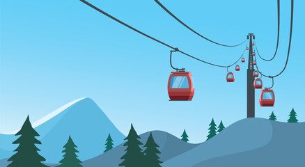 Modern Flat Vector Illustration of Red Ski Resort Gondolas over Snow-Capped Alpine Mountain Landscape with Pine Trees and Blue Sky. Minimalist Winter Tourism, Travel, Outdoor Adventure Digital Graphic © Surajkalangada