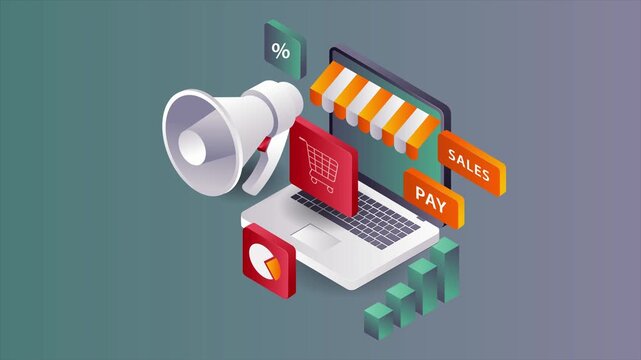 A laptop displays an online shopping scene with a megaphone, sales banners, and payment icons floating around it on a tech-savvy background.