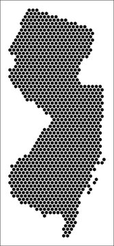 New Jersey hexagon map. Plain black and white dotted shape template. State tiny hexagon cells. New Jersey flat honeycomb template. Vector Illustration.