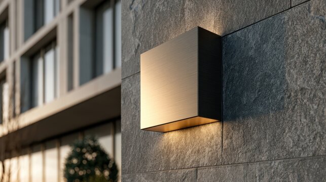 A modern square outdoor wall light fixture emits warm illumination on a textured stone wall beside a contemporary building.
