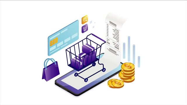 Online shopping cart on smartphone screen with coins and credit card