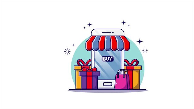 Online shopping event with gift boxes and phone on screen display