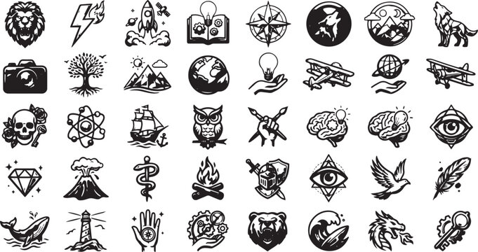Bold Symbolic and Adventure Icon Set Featuring Animals, Nature, Mystical Signs, Exploration, and Fantasy Elements