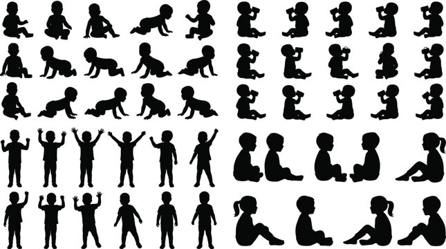 Baby and toddler silhouette collection with crawling sitting standing and playful poses isolated on background