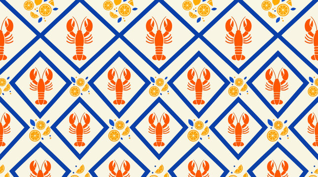 Geometric tile pattern featuring orange lobsters inside blue diamond frames, a decorative coastal motif.