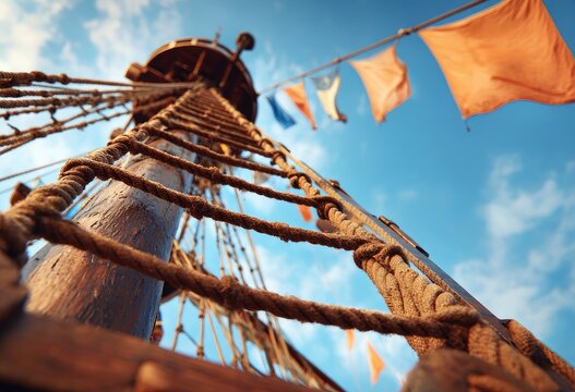 A grand sailing ship embarking on a journey across the open sea, colorful banners waving from towering masts, dramatic clouds and sunlight, adventurous spirit, cinematic realism, movie-quality artwork