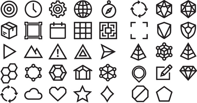 Basic Shapes and Geometry Icon Set Featuring Abstract Forms, UI Elements, Symbols, and Minimal Design Shapes
