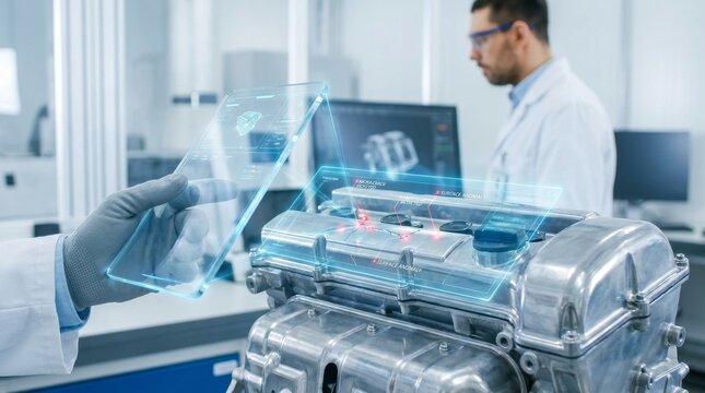 Engineer Using Holographic Tablet Inspecting Engine Component In Lab