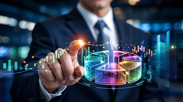 Businessman interacting with futuristic financial data visualization and 3d pie charts