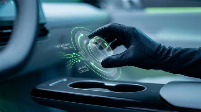 Hand Adjusting Holographic Regenerative Braking Dial in Electric Car
