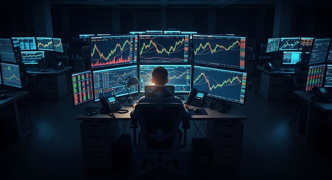 Stock market trader analyzing data screens.