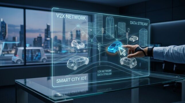 Engineer Interacting With Holographic Smart City V2X Interface