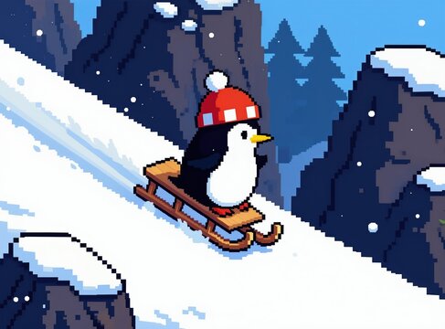 Cute penguin wearing hat rides sled down snowy hill. Winter landscape with pixel art mountains and trees. Penguin enjoys sledding fast on winter day.