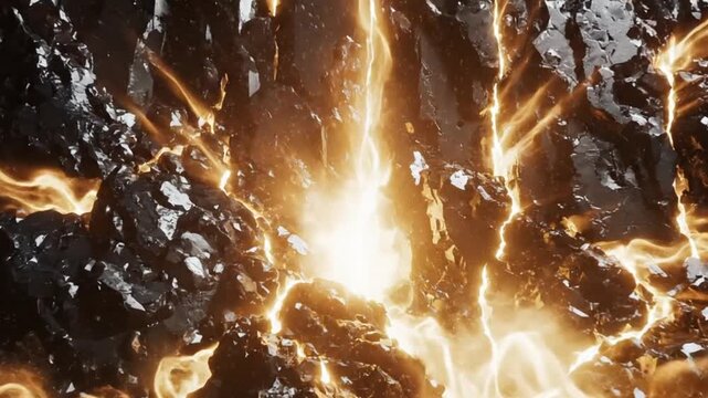 Molten lava glowing with intense heat and energy erupting from dark volcanic rocks in a fiery explosion