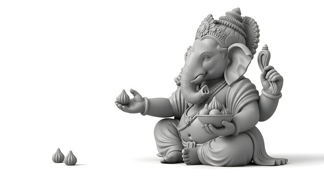 Gray statue of Ganesha sitting in a meditative pose with two small objects nearby against a white background.