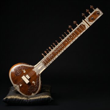 Traditional Indian Sitar: A full-view traditional Indian Sitar with gourd resonator and intricate bone inlays, resting on a dark silk cushion, black background, 1:1 ratio