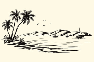 tropical coastline scene with palm trees and sailboats black and white © VectorArtQueen
