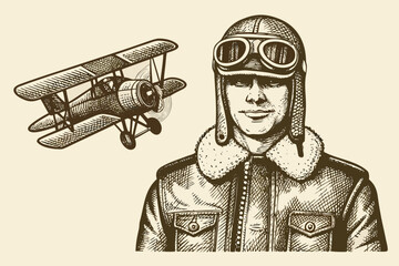 Vintage aviation illustration with biplane and pilot in helmet © VectorArtQueen