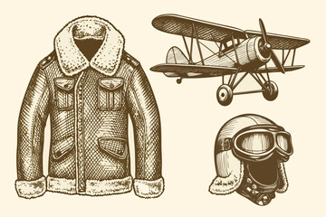 Vintage aviation set with biplane pilot jacket and helmet sketch © VectorArtQueen