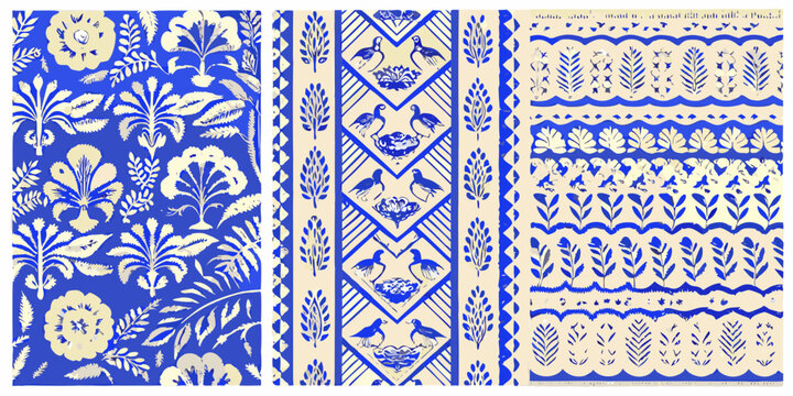 blue and white toiles de jouy pattern with floral and bird motifs