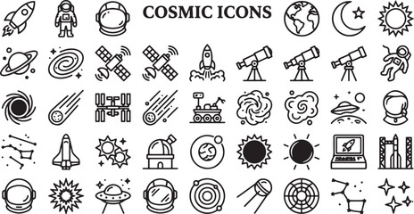 Cosmic Space Icon Set Featuring Astronaut, Rocket, Planets, Telescope, Galaxy, Satellites, Stars, and Astronomy Exploration Symbols © SahajanAli