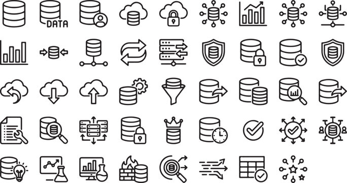 Database and Data Management Icon Set Featuring Storage, Cloud Sync, Security, Backup, Analytics, and Server System Symbols