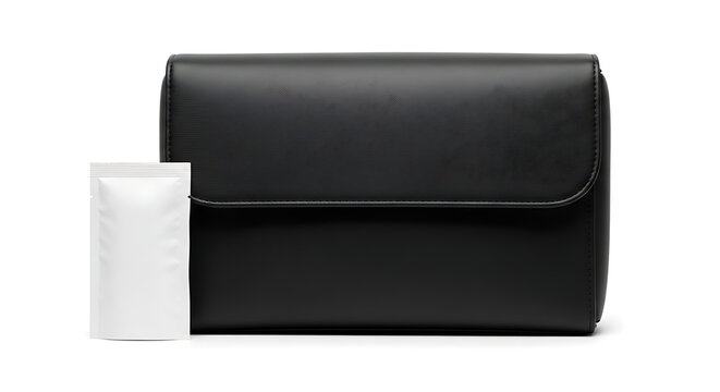 Isolated black leather amenity kit pouch with textured flap and small blank white sachet for luxury travel and hygiene
