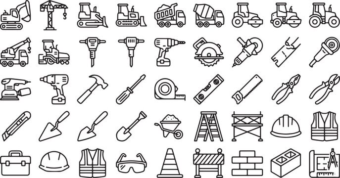 Construction and Building Tools Icon Set Featuring Heavy Machinery, Equipment, Safety Gear, and Engineering Work Symbols