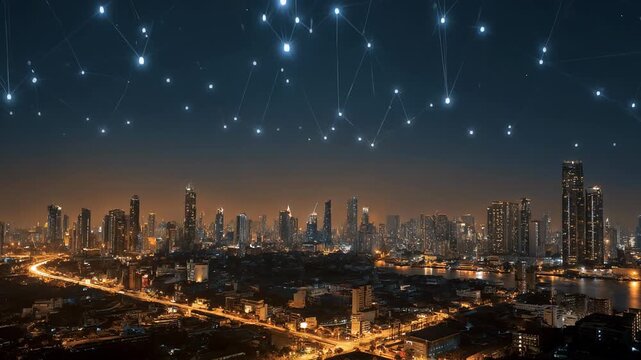 Shanghai interchange overpass and elevated road at nightfall, glowing city lights, wide urban view