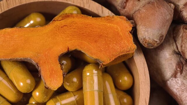 Turmeric powder capsules with turmeric roots in a basket