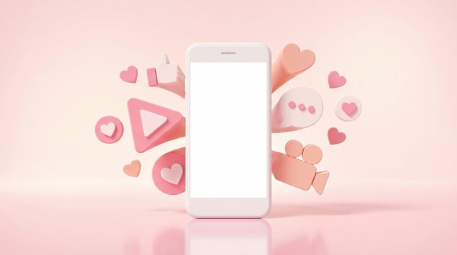 3d smartphone with blank screen and floating social media icons like hearts, thumbs up, and play button on pink background digital marketing and mobile communication concept